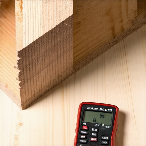 Carpenter using a digital moisture meter on a subfloor before flooring installation.