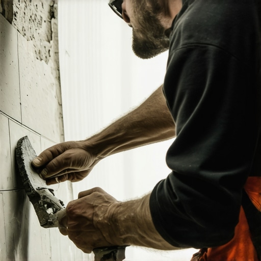Close-up of notched trowel applying mortar to a wall for tile installation