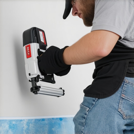 A worker using a pin nailer on white baseboard trim