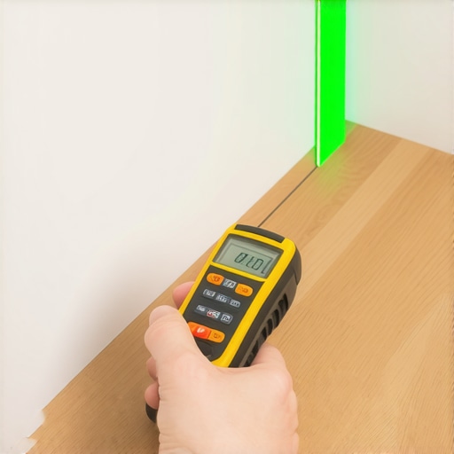 A moisture meter and laser level being used to check a subfloor and wall during a home renovation.