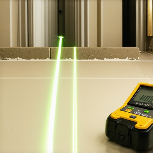 A green laser level and moisture meter being used for a bathroom renovation.