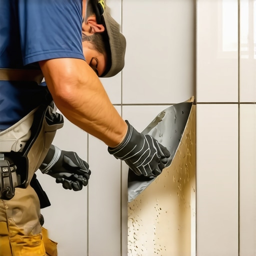 Close-up of straight thinset ridges on a shower wall being applied with a square-notch trowel.