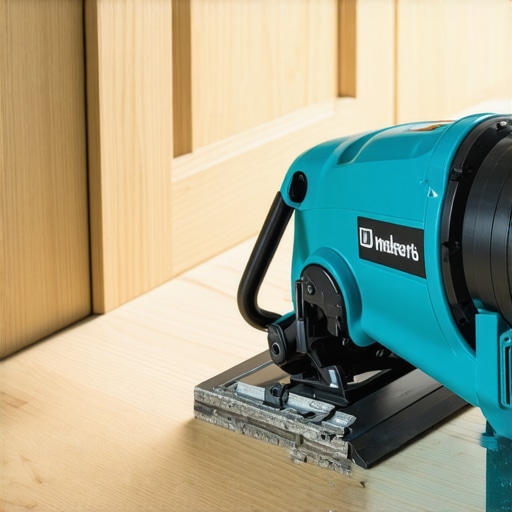 A hand using an undercut saw to trim a door frame at the height of new laminate flooring.