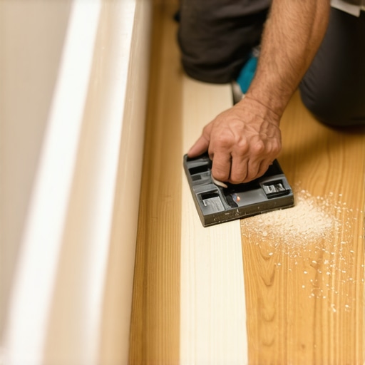 Professional Undercutting for Floor Transitions Installer undercutting a door casing to fit hardwood flooring underneath for a seamless look.