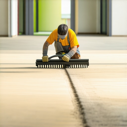 Contractor using a rake to level a subfloor before tile installation
