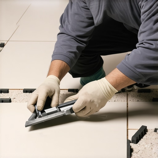 Professional back-buttering technique for tile installation Close-up of a tiler applying thinset to the back of a large tile to prevent hollow spots when using leveling clips.