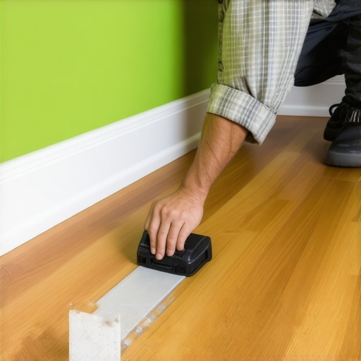 Carpenter installing baseboards with an expansion gap