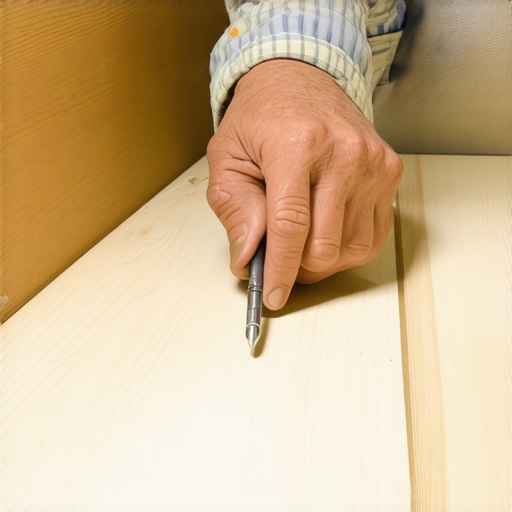 Close-up of a scribe tool marking a baseboard to fit an uneven floor surface.