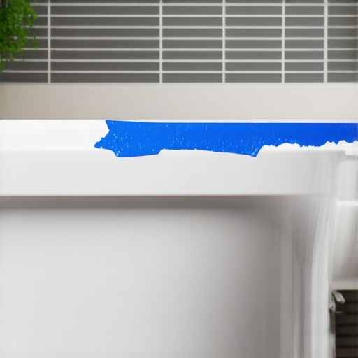 Close up of blue tape applied to a bathtub and tile wall
