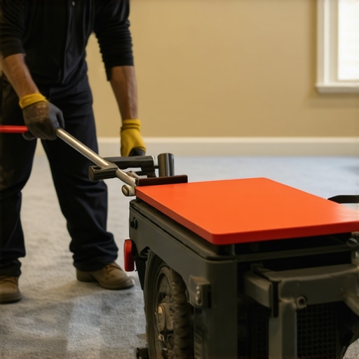 Contractor using a power stretcher for professional carpet installation to prevent buckling.