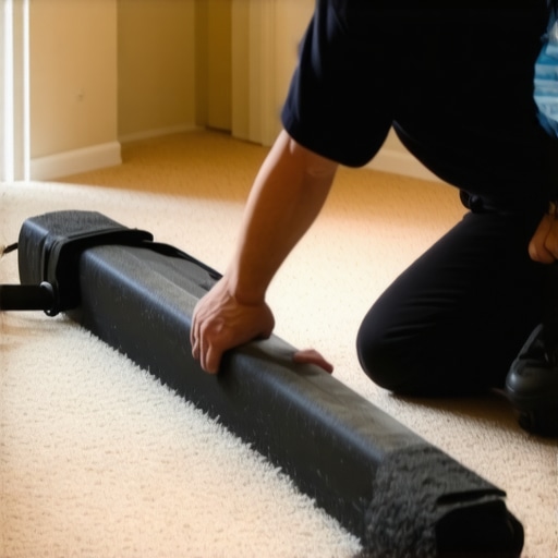 Contractor using a power stretcher tool to tighten carpet during installation
