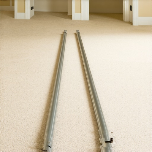 Professional carpet power stretcher setup A power stretcher with long poles positioned across a carpeted floor for a tight installation.