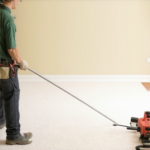 Contractor using a power stretcher to ensure proper carpet tension
