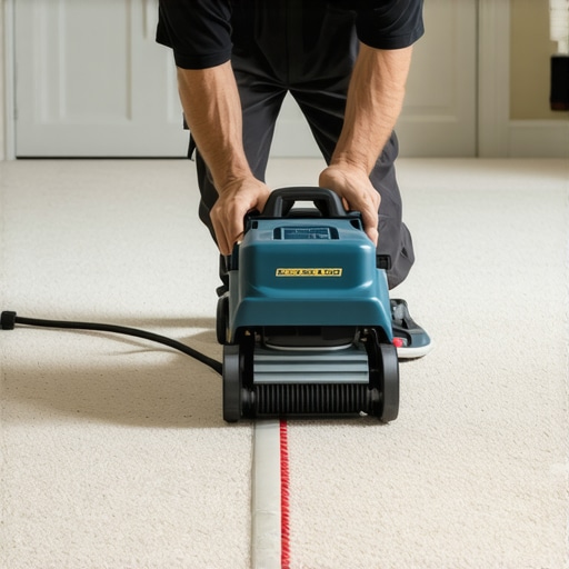 Professional carpet power stretching technique Installer using a power stretcher to prevent carpet wrinkles and bubbles.