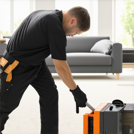Contractor using a power stretcher on beige carpet