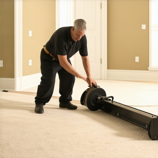 Expert flooring installer using a power stretcher to prevent carpet ripples
