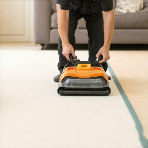 Close up of a power stretcher tool being used to install residential carpet correctly