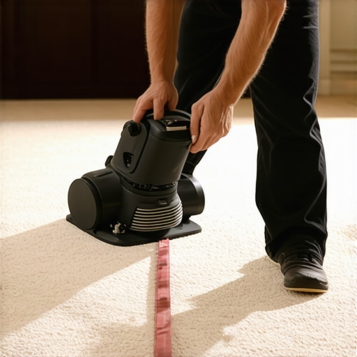 A contractor using a mechanical power stretcher to properly tension a new carpet installation.