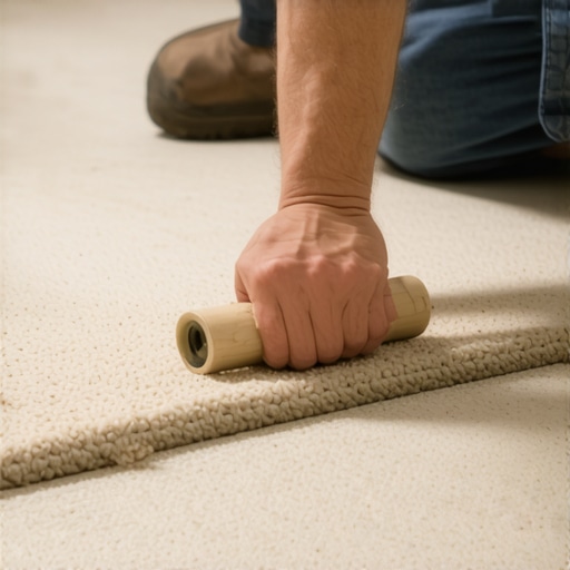 Professional carpet seam weight application A pro installer using a seam weight to keep a carpet join flat while the adhesive cools.
