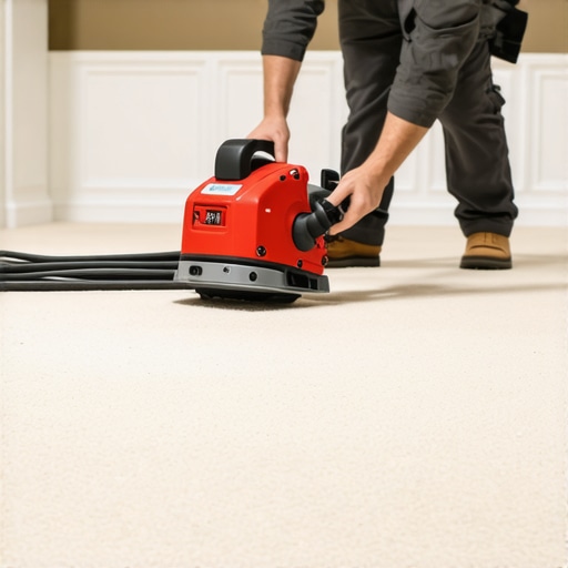 Professional carpet stretching for a durable finish An installer using a power stretcher to prevent carpet ripples and bubbles.