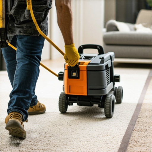 Professional carpet stretching with a power stretcher Close-up of a power stretcher tool being used to properly install luxury carpet for long-term durability.