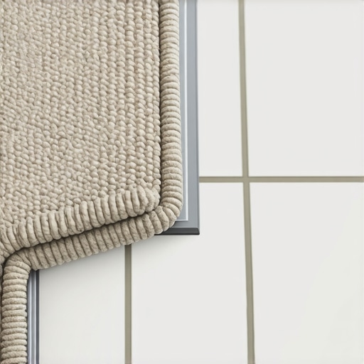 A close-up of a carpet being tucked into a tile transition using a professional tool.