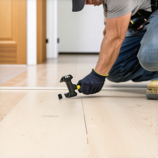 Professional floor joint alignment technique Contractor using a dead blow hammer for seamless flooring installation