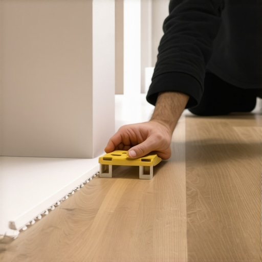 Professional flooring expansion gap installation. A technician using spacers to maintain an expansion gap during a luxury vinyl flooring installation.