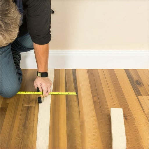 Professional measurement of flooring expansion gaps A close-up showing a spacer being used to maintain a 1/4 inch expansion gap between hardwood flooring and a wall during installation.