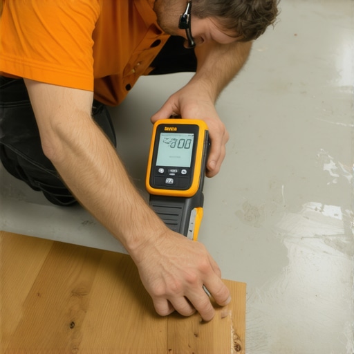 Professional moisture meter testing Close-up of a digital moisture meter testing a concrete subfloor for moisture vapor emission.