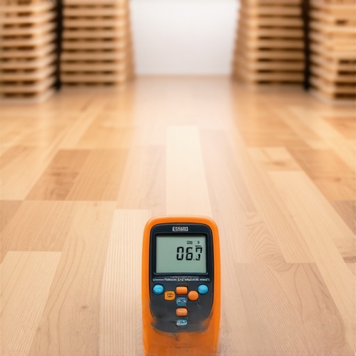 Close-up of a moisture meter reading on a hardwood plank with acclimating wood stacks in the background.