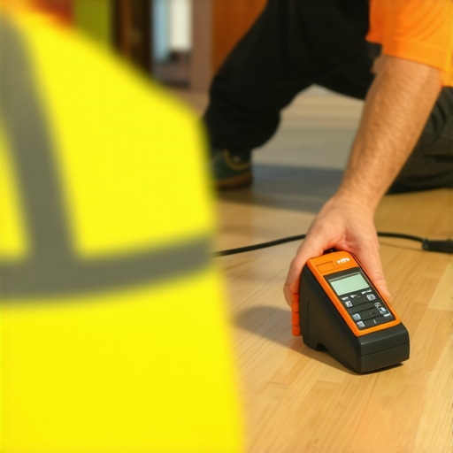 Contractor checking moisture levels with a digital meter to ensure proper acclimation.