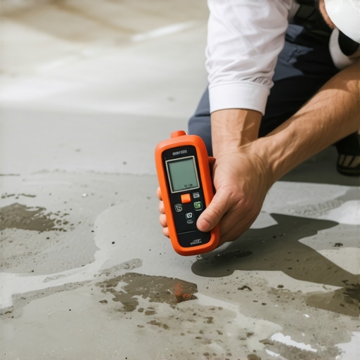 Professional moisture testing on concrete subfloor A pinless moisture meter being used to check a concrete slab before flooring installation.