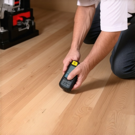 Professional moisture testing on wide plank flooring Contractor using a moisture meter on hardwood floors