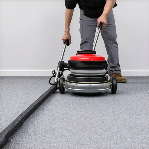 A contractor using a power stretcher to properly tension a new carpet installation.