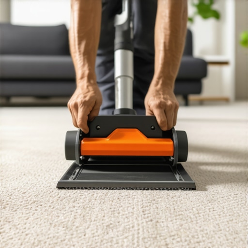 A contractor using a power stretcher to ensure a flat and durable carpet installation.