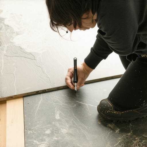 Professional scribing technique for stone hearths Close up of a carpenter's compass scribing LVP flooring against a fieldstone fireplace.