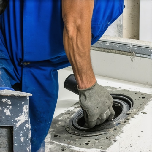 Professional shower drain dry-fitting Contractor checking the height of a shower drain flange in a pre-sloped pan.
