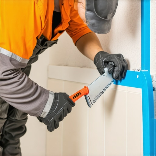 A worker carefully folding a waterproofing membrane into a shower corner for a leak-proof seal.