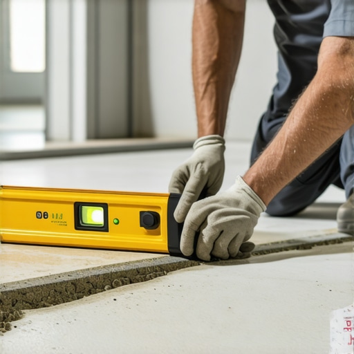Contractor checking the drainage slope of a dry-pack shower floor using a spirit level.