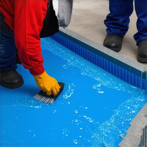Professional shower waterproofing membrane application Installer applying blue liquid waterproofing to a shower pan
