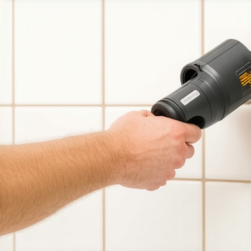 A pro installer applying a silicone bead to a tiled shower corner joint