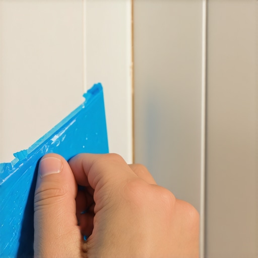 Close up of a clean silicone bead in a shower corner with blue painter's tape being removed