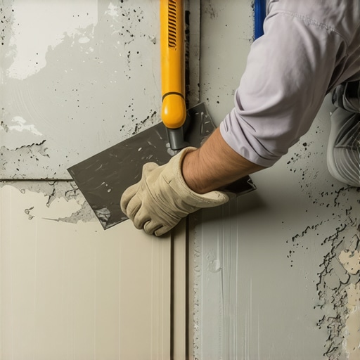Close-up of a notched trowel creating parallel thinset ridges for tile installation.