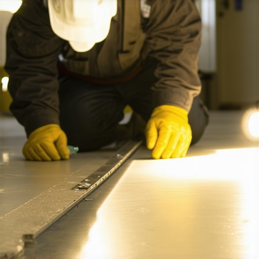 Professional subfloor flatness check for vinyl floors A contractor checking a concrete subfloor for dips and bumps using a straight edge.