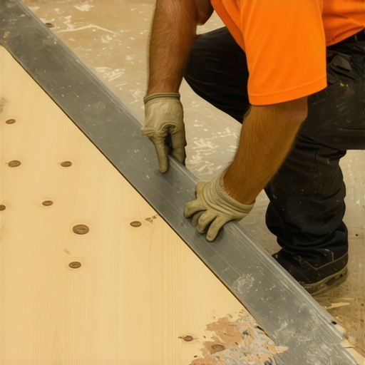 Professional subfloor leveling with straightedge Contractor leveling a subfloor dip using cementitious compound and a straightedge to ensure a flat surface for laminate installation.