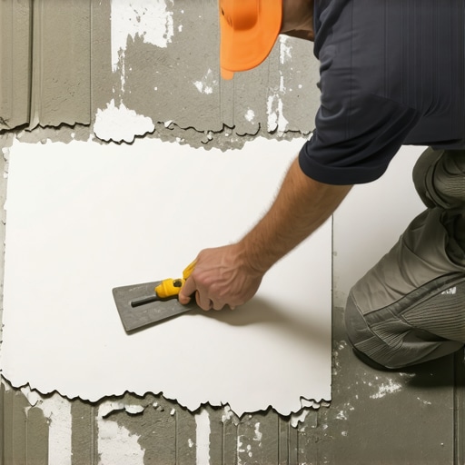 Close-up of a worker applying thinset mortar with a notched trowel showing proper ridge collapse technique for tile installation.