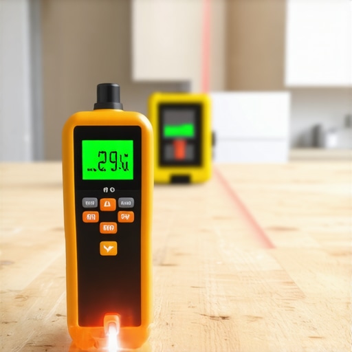 Professional tools for flooring and tile installation Digital moisture meter checking plywood subfloor with laser level in background