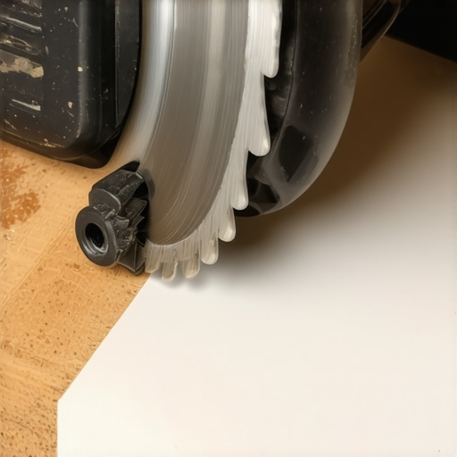 Proper Miter Saw Bevel for Back-Cutting Baseboards Close-up of a miter saw performing a back-bevel cut on a white baseboard for a tight outside corner.