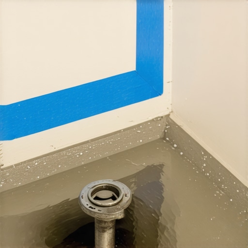 Proper Shower Flood Test Setup Close-up of a shower drain with a test plug and water level marker for a flood test.